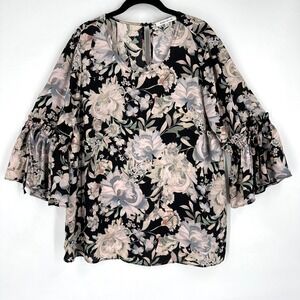 Rose & Olive Black Floral Bell Sleeve‎ Keyhole Neck Blouse Size 1X Dark Romantic